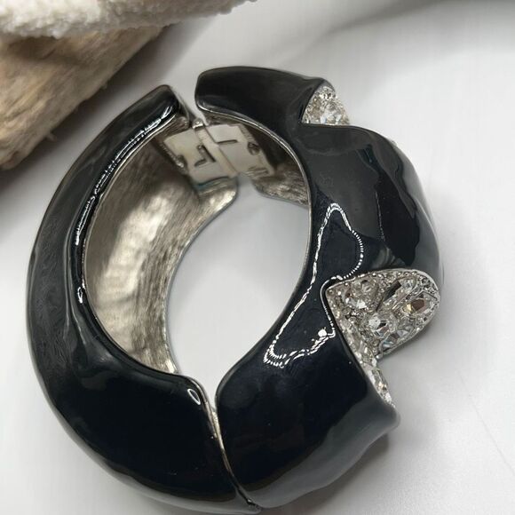 Black & Crystal Inset Dome Hinged Bangle Bracelet - Picture 12 of 13